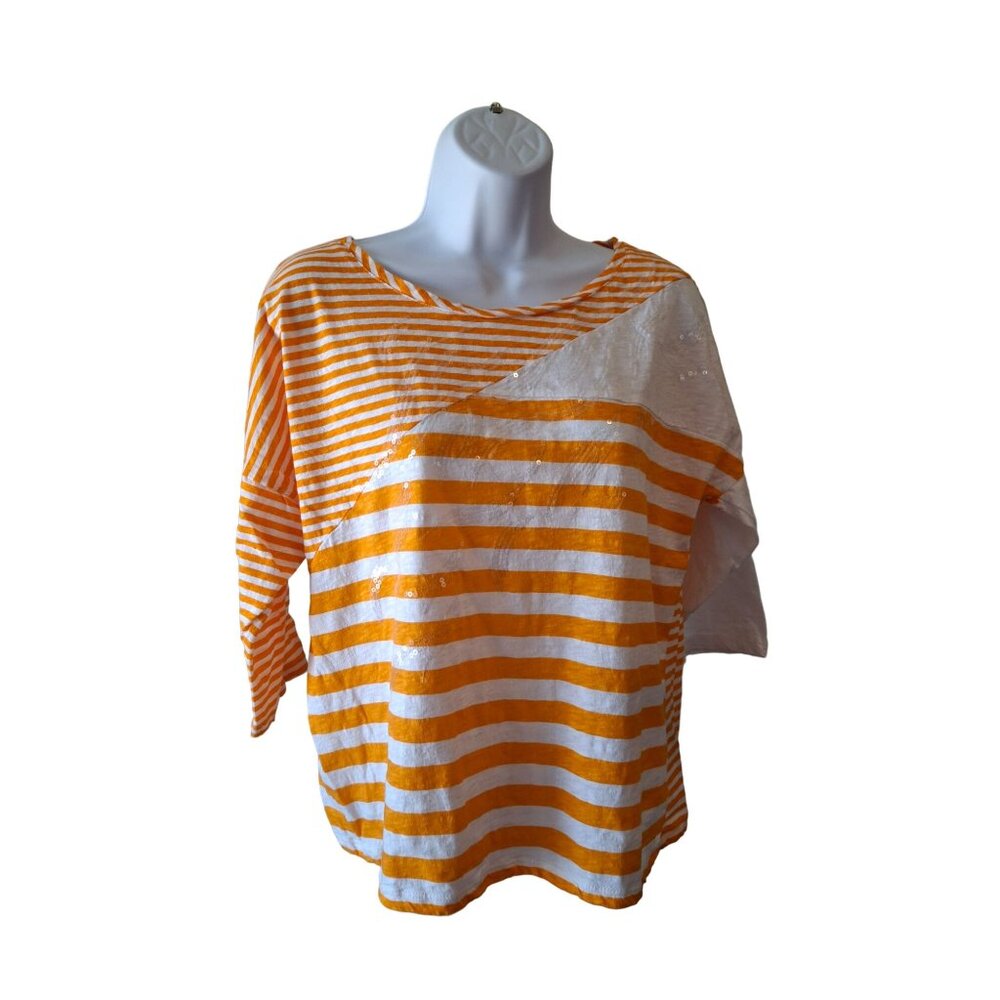 Thomas & Olivia Womens Top PXL Orange White Striped Cotton 3/4 Sleeve Lagenlook